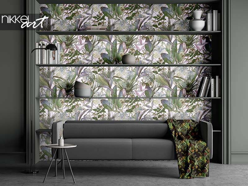  Woonkamer met groene botanische prints